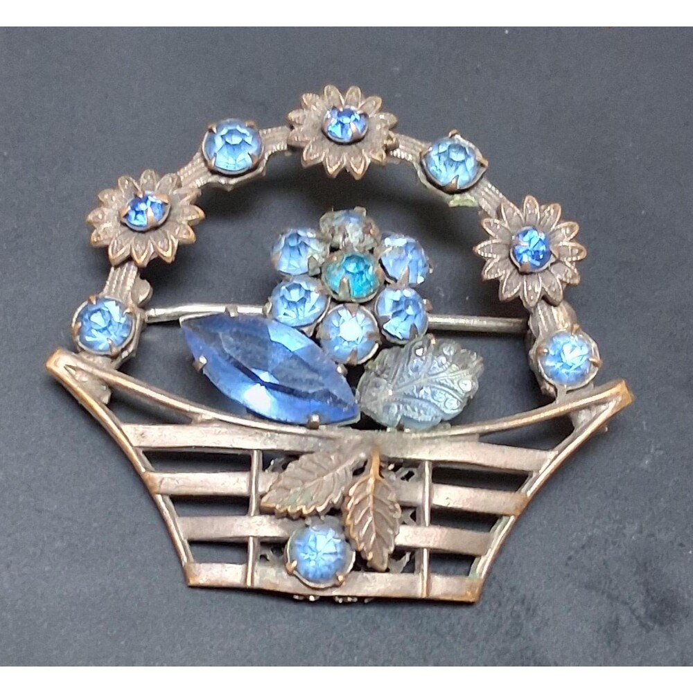 Vintage Molded Glass Rhinestone Flower Basket Brooch